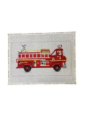 Vintage Needlepoint of La Jolla Fire Truck Canvas w/ Dalmatian 22x15”